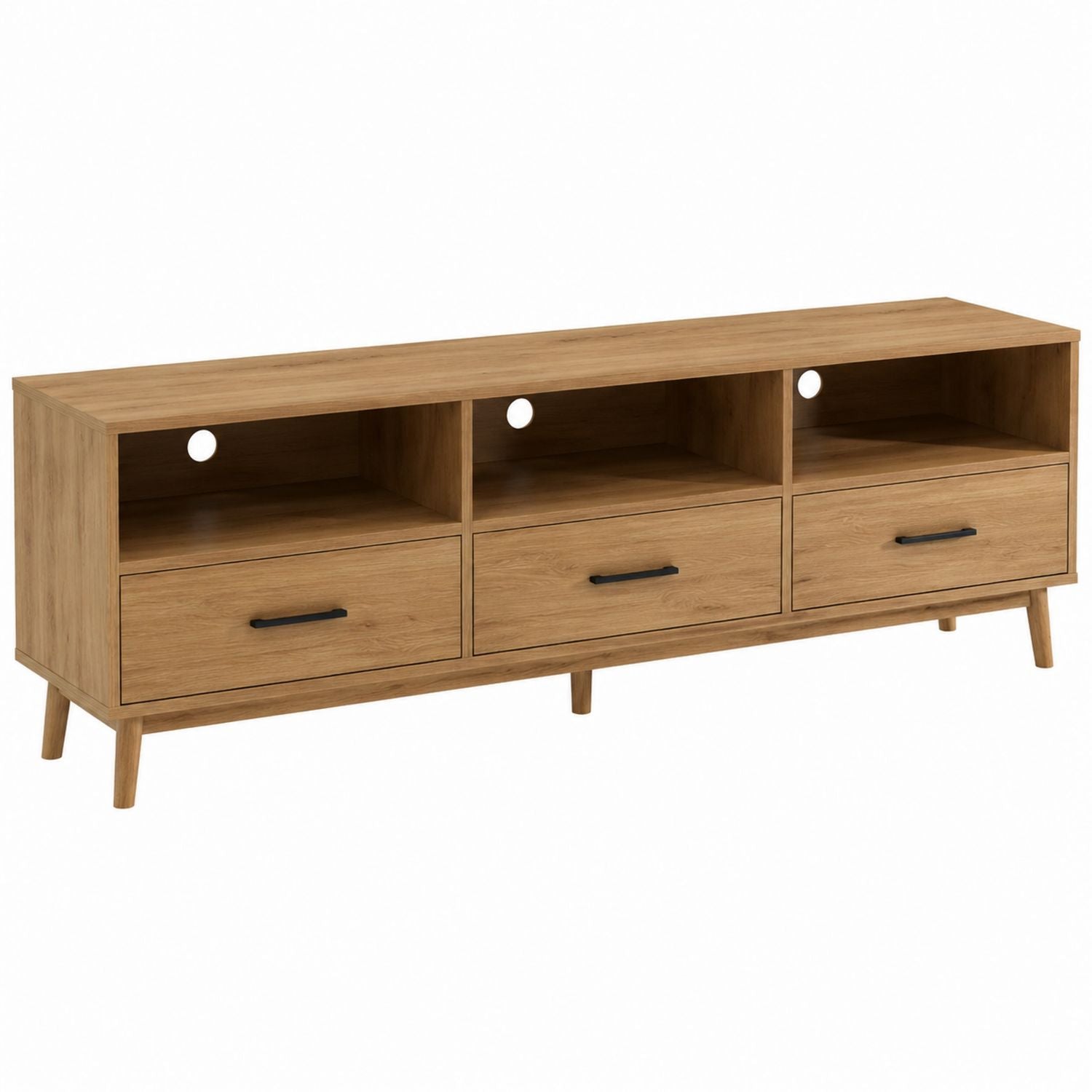 Oak TV Stand with 3 Drawers and Open Compartments
