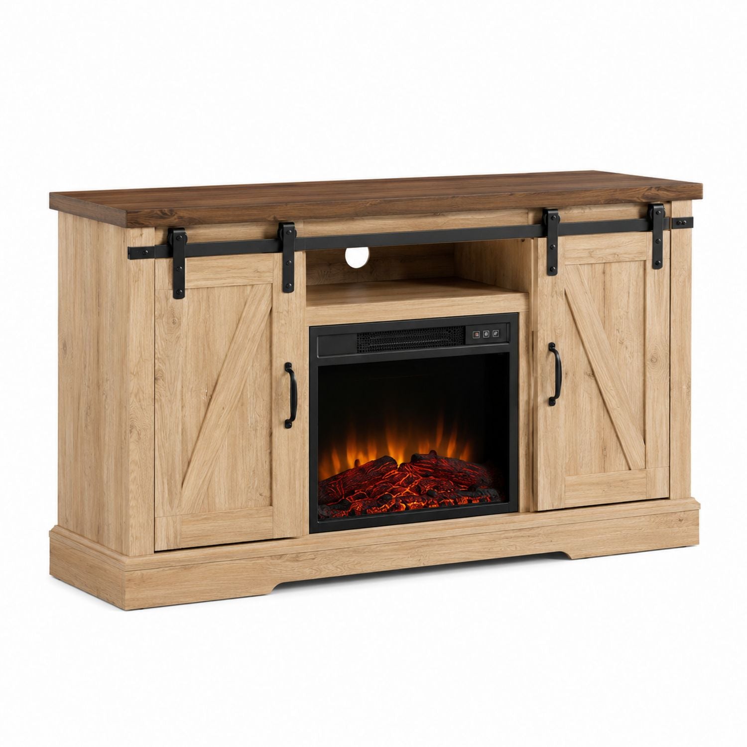 Oak Wood TV Stand with Electric Fireplace Insert 54L x 16W x 32H