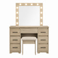 Oak Wooden Vanity Set with Mirror Lights and Upholstered Stool