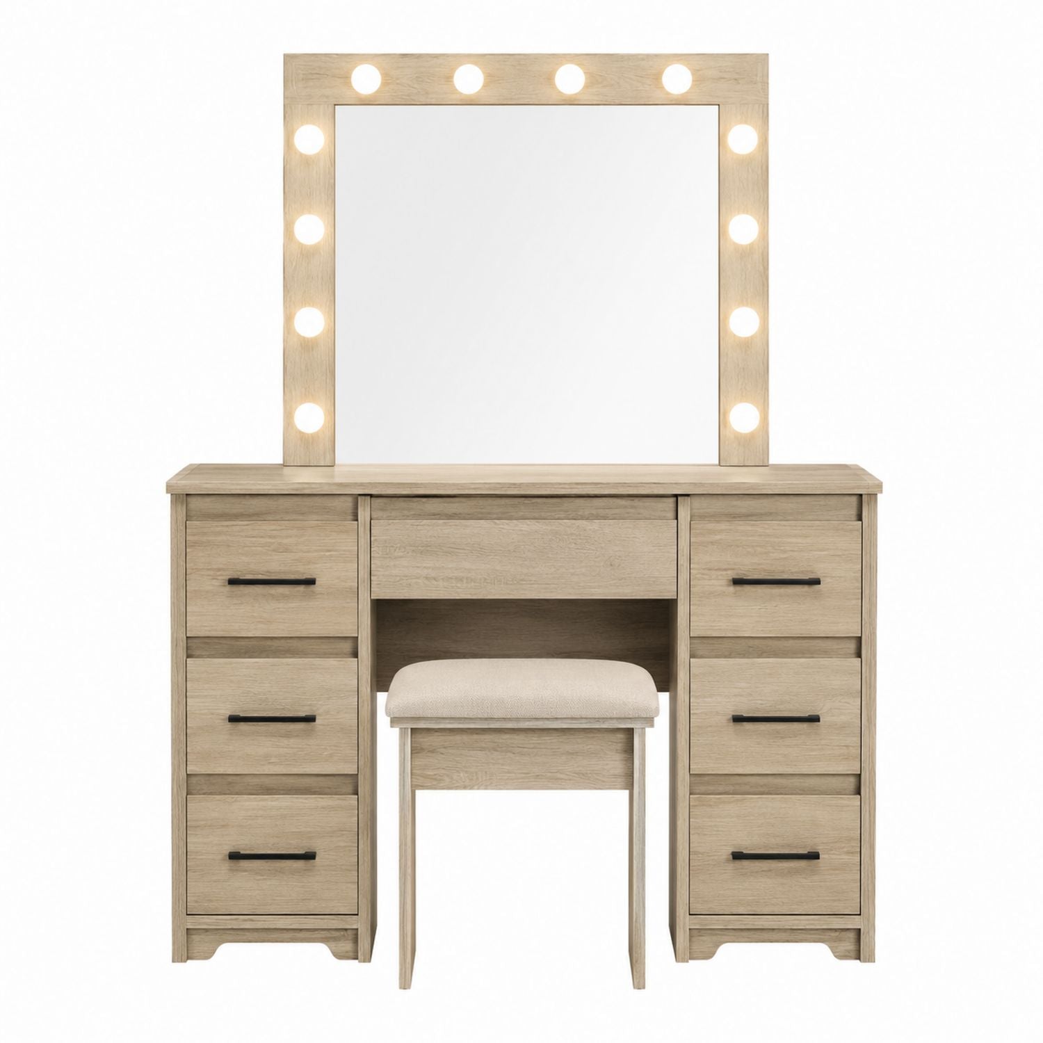 Oak Wooden Vanity Set with Mirror Lights and Upholstered Stool
