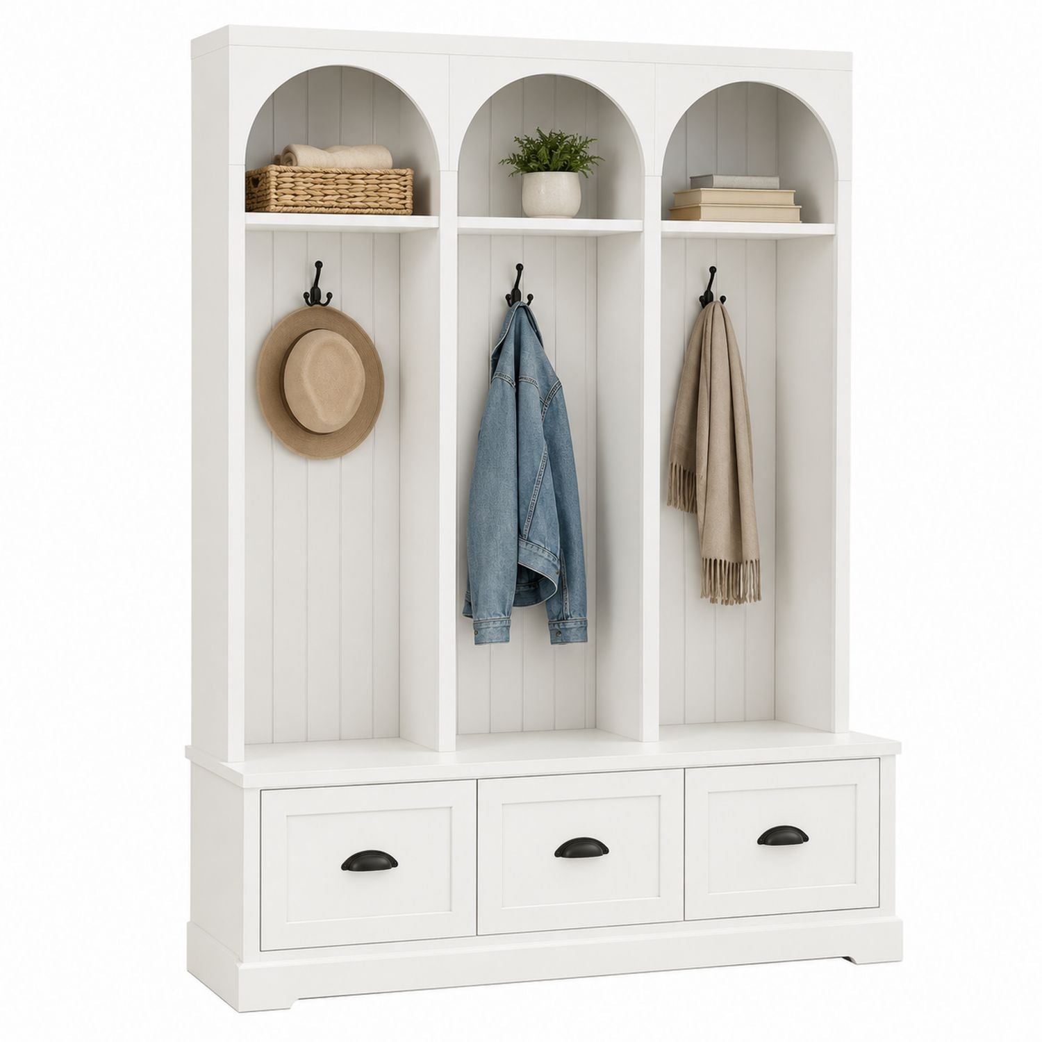 White MDF Wood Entryway Coat Rack with Storage Drawers