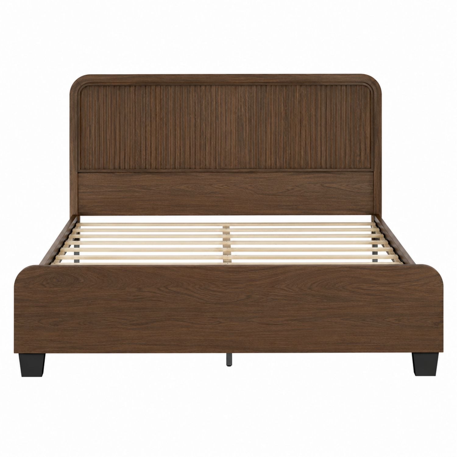 Wooden Platform Bed Frame with Slatted Headboard Brown Queen Size