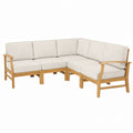 Teak Wood Outdoor Sectional Sofa Set with Cream Polyester Cushions, L-Shaped 5-Seater