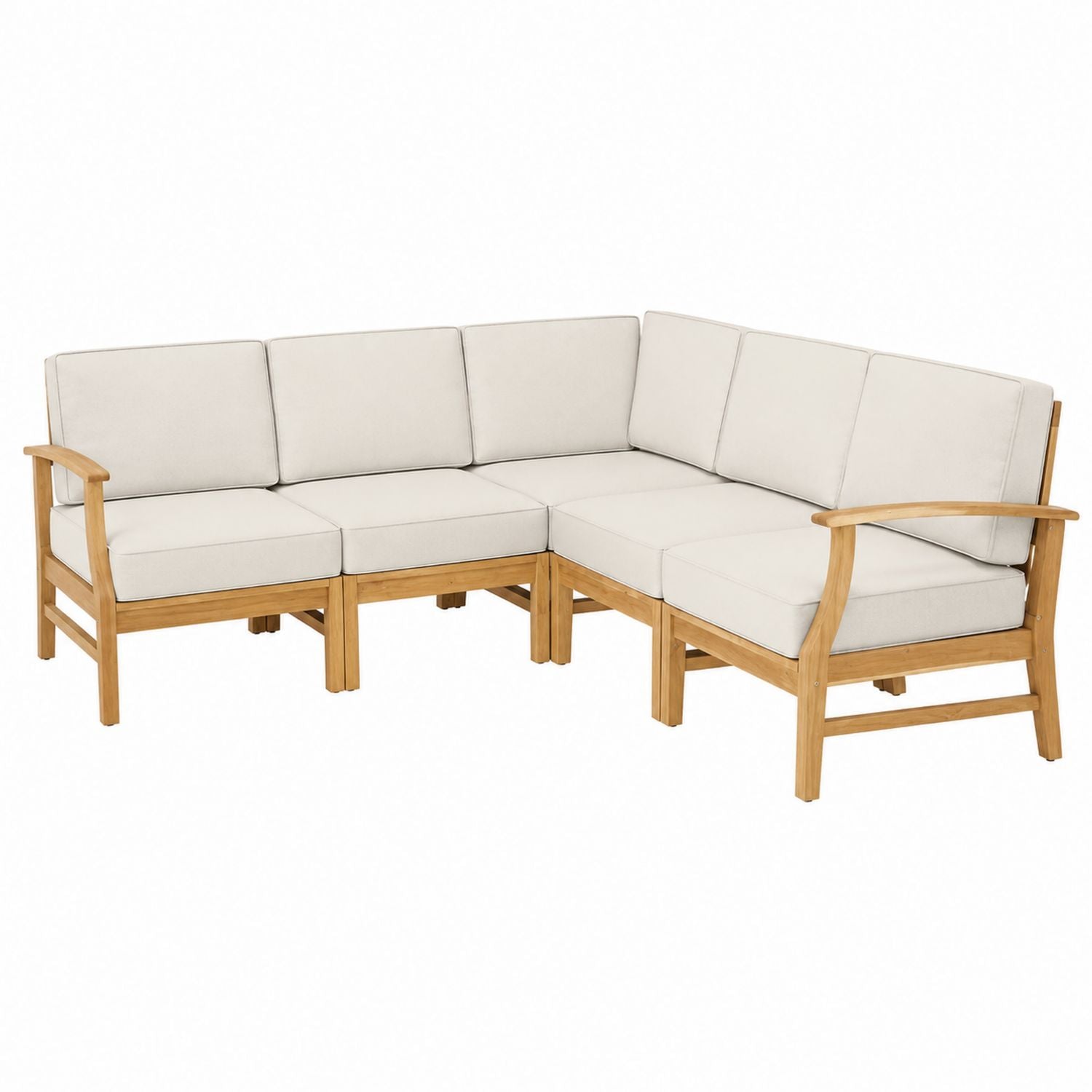 Teak Wood Outdoor Sectional Sofa Set with Cream Polyester Cushions, L-Shaped 5-Seater