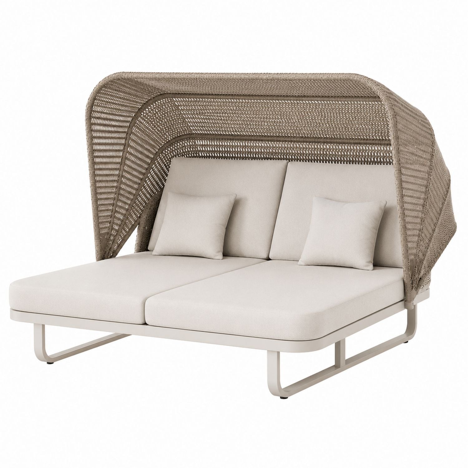 Aluminum Outdoor Double Daybed with Wicker Canopy and Beige Cushions