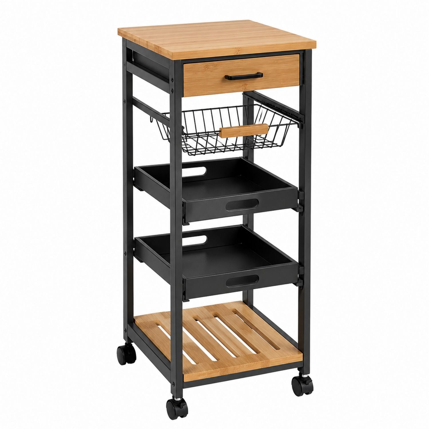 Bamboo and Metal Rolling Cart with Drawer and Shelves