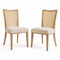 Set of 2 Oak Dining Chairs with Rattan Back and Linen Cushions