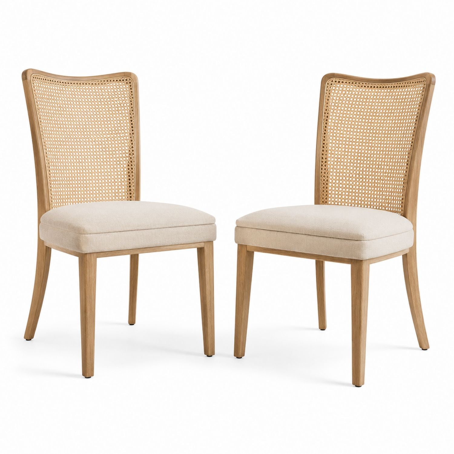 Set of 2 Oak Dining Chairs with Rattan Back and Linen Cushions