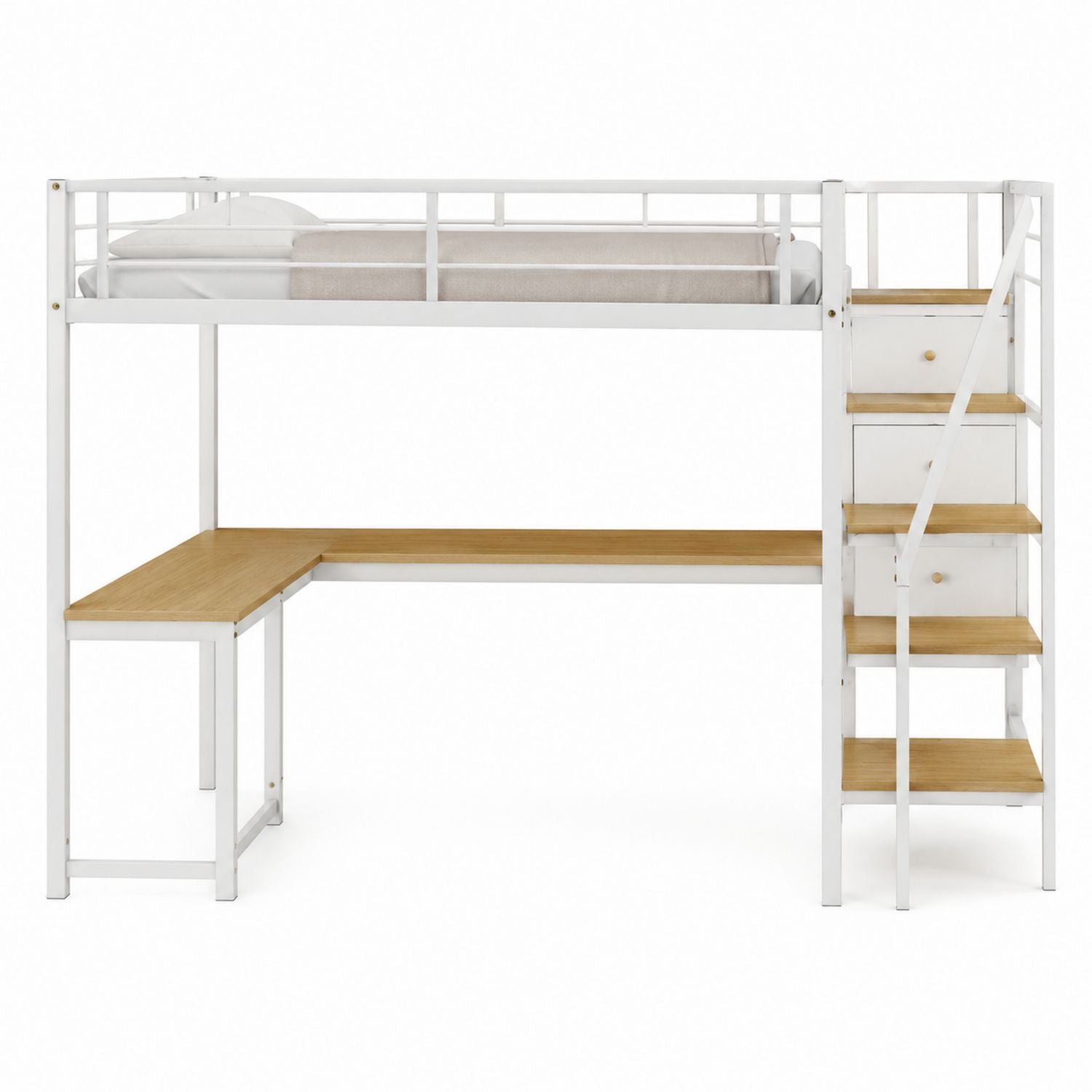 Metal and Wood Loft Bed with L-shaped Desk and Stairs