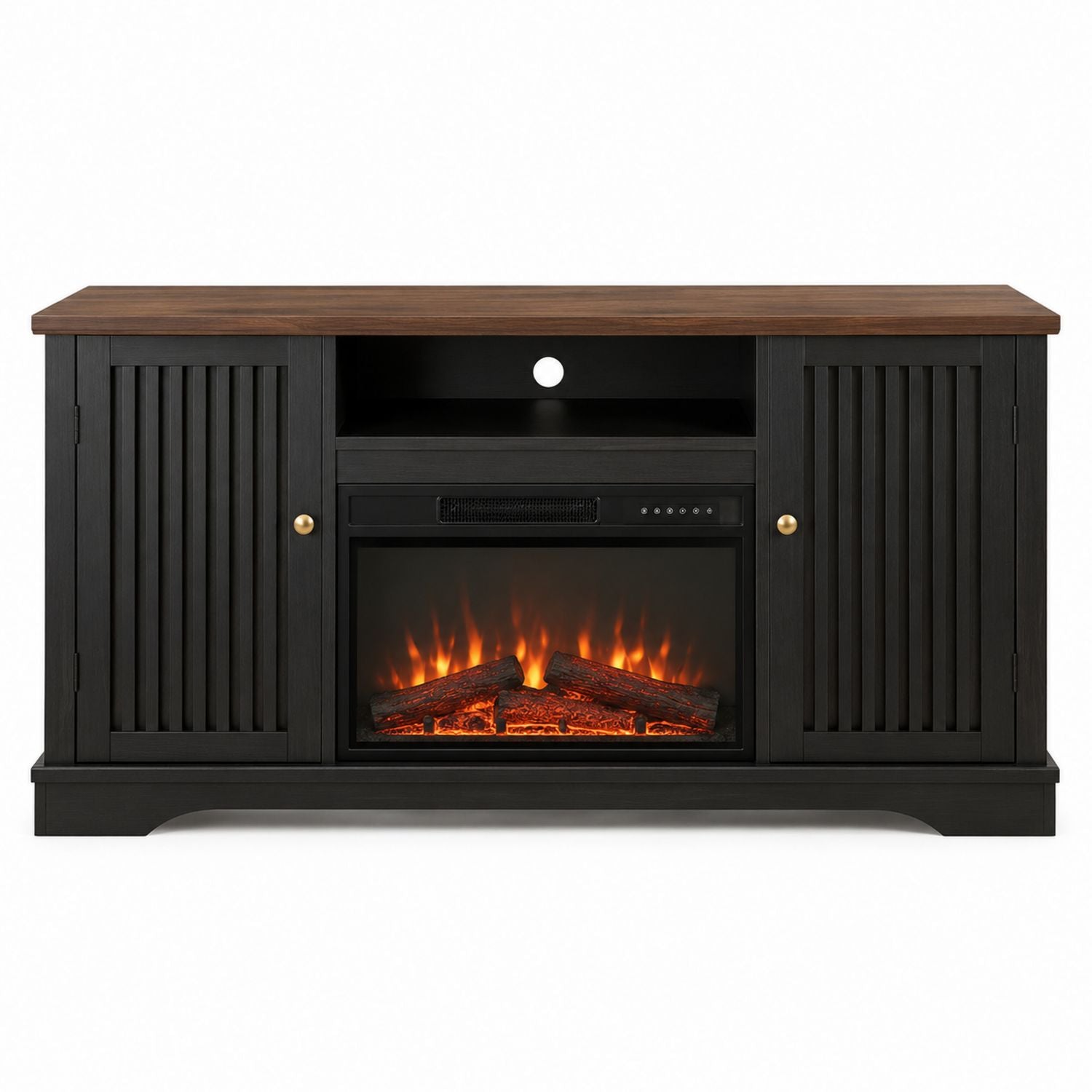 Wood Electric Fireplace TV Stand with Shelves Black 58 inch