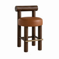 Wood Bar Stool with Leather Seat and Brass Footrest in Brown