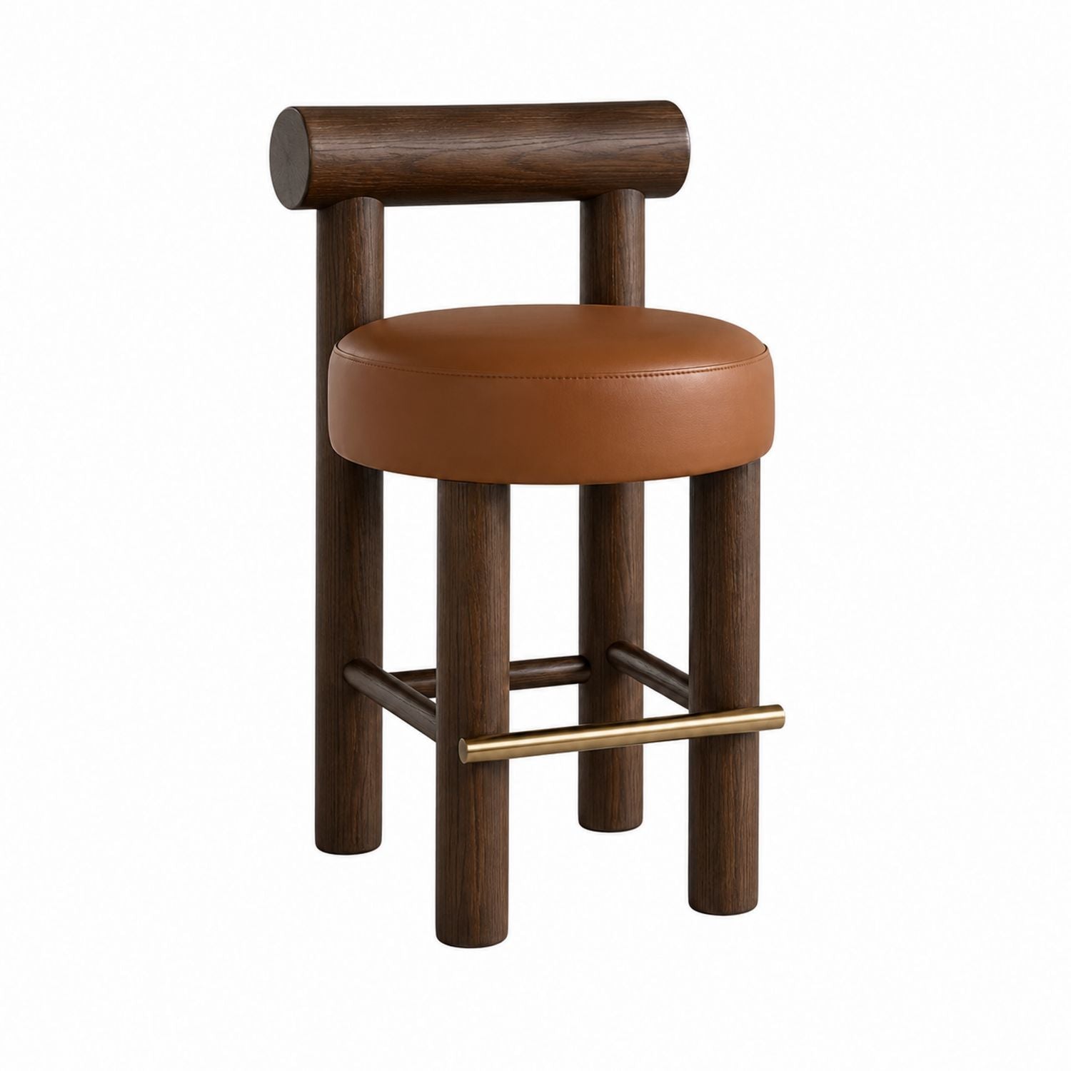 Wood Bar Stool with Leather Seat and Brass Footrest in Brown
